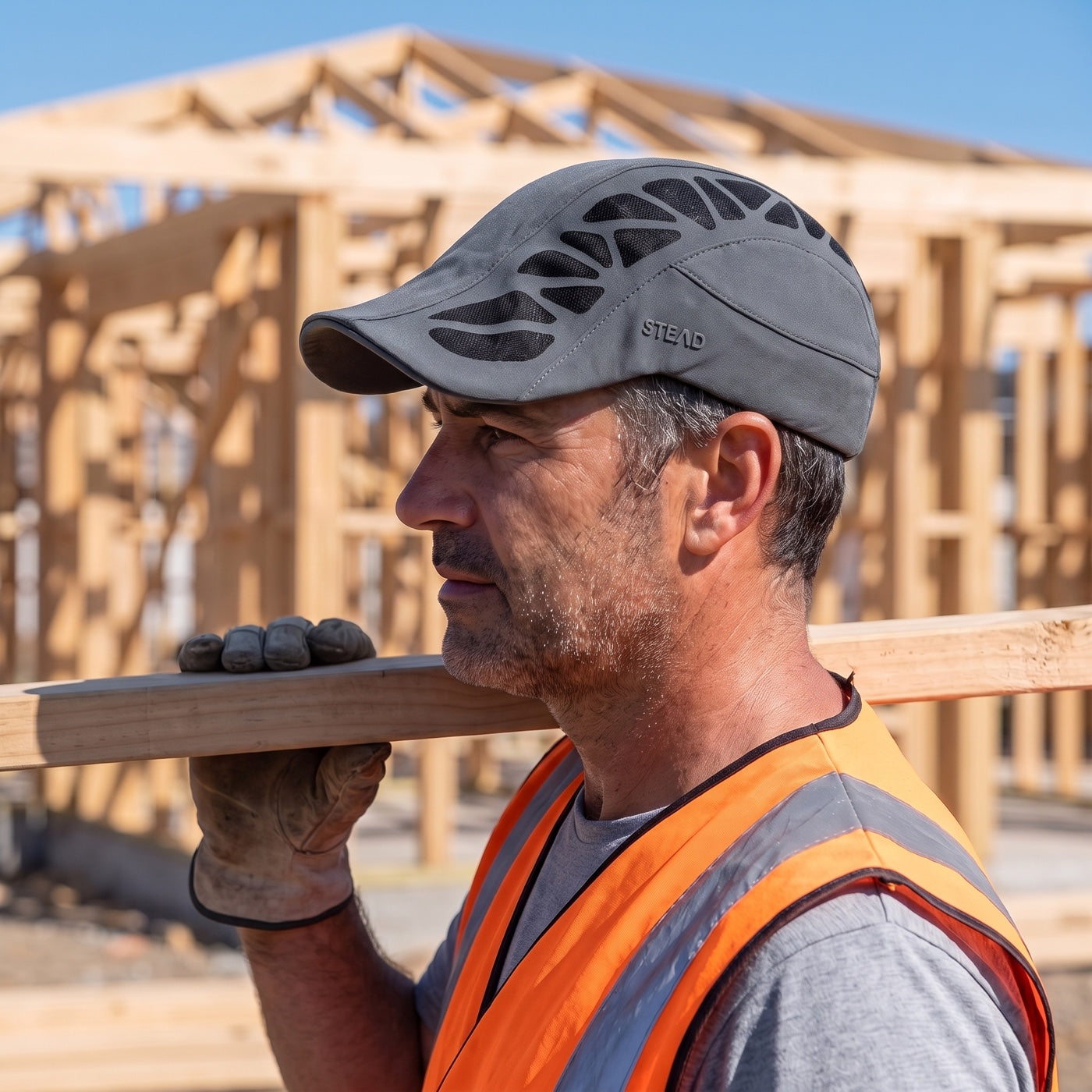 A man carrying lumber on a construction site in the hot sun, in the Aeromesh Evo Cap