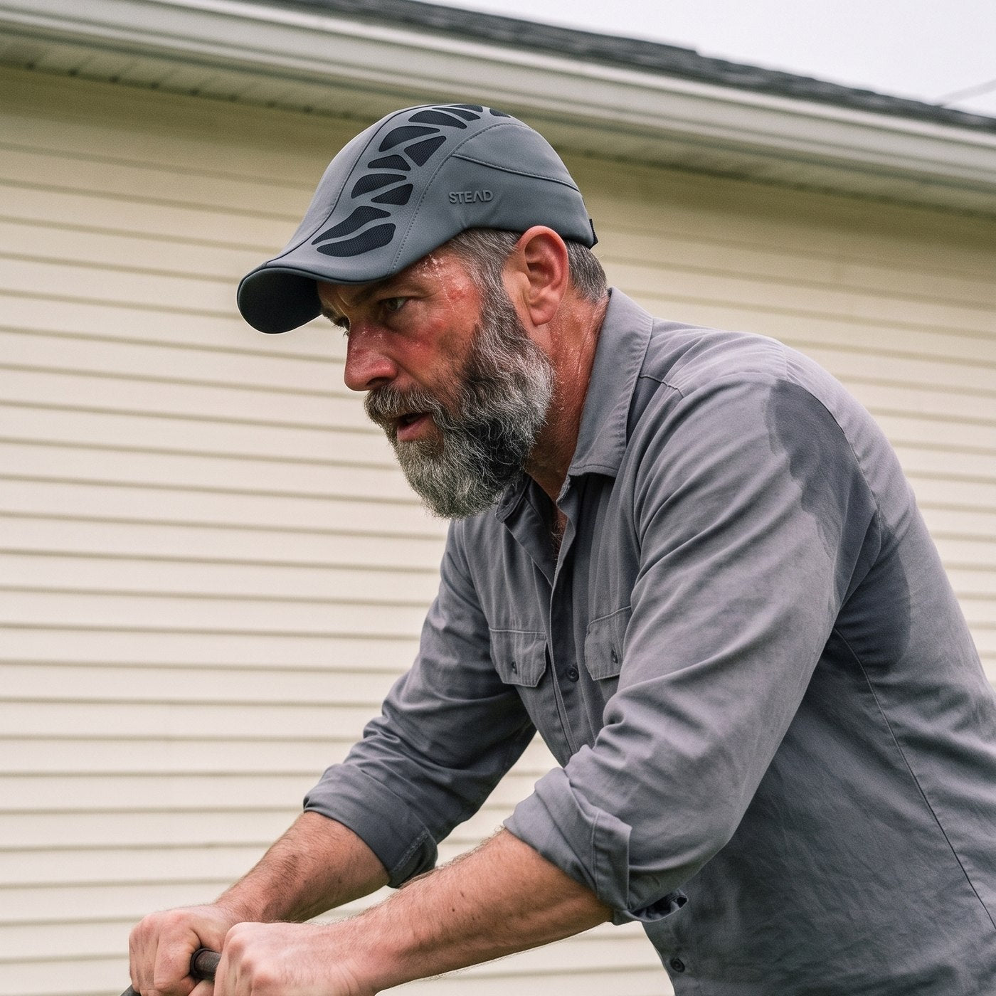 A man in the Aeromesh Evo Cap pushing a mower, his shirt damp with sweat