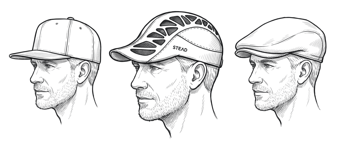 Ink drawing of the same man in a baseball cap, in the Aeromesh Evo Cap, and in a wool flat cap