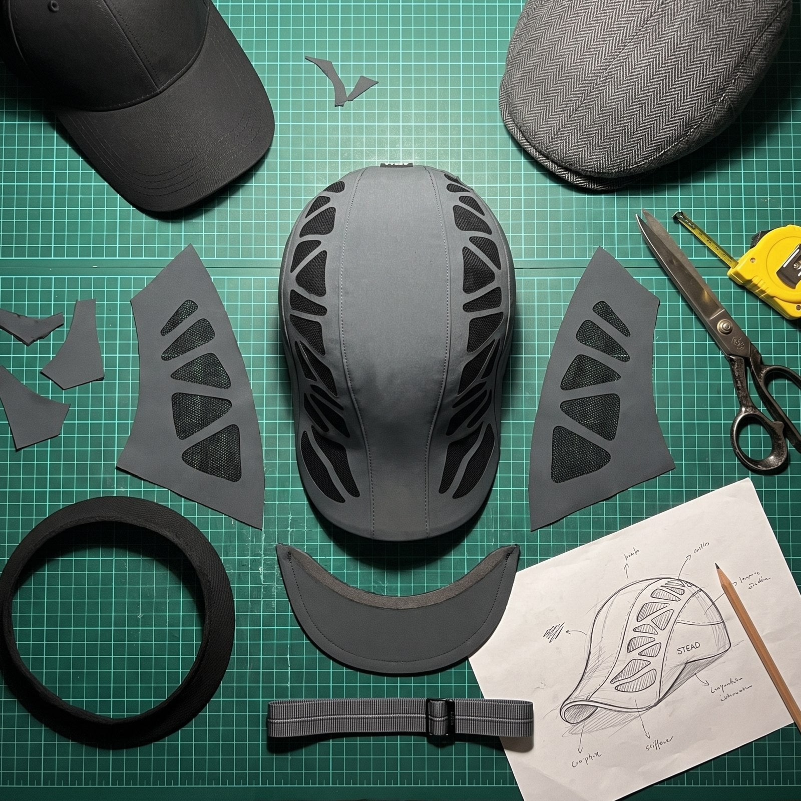 A green cutting mat with a baseball cap, the Aeromesh Evo Cap and a wool flat cap, and the cap's parts laid out: the cut side panels, the brim, the strap with its buckle, the sweatband, shears, a tape measure and a pencil sketch