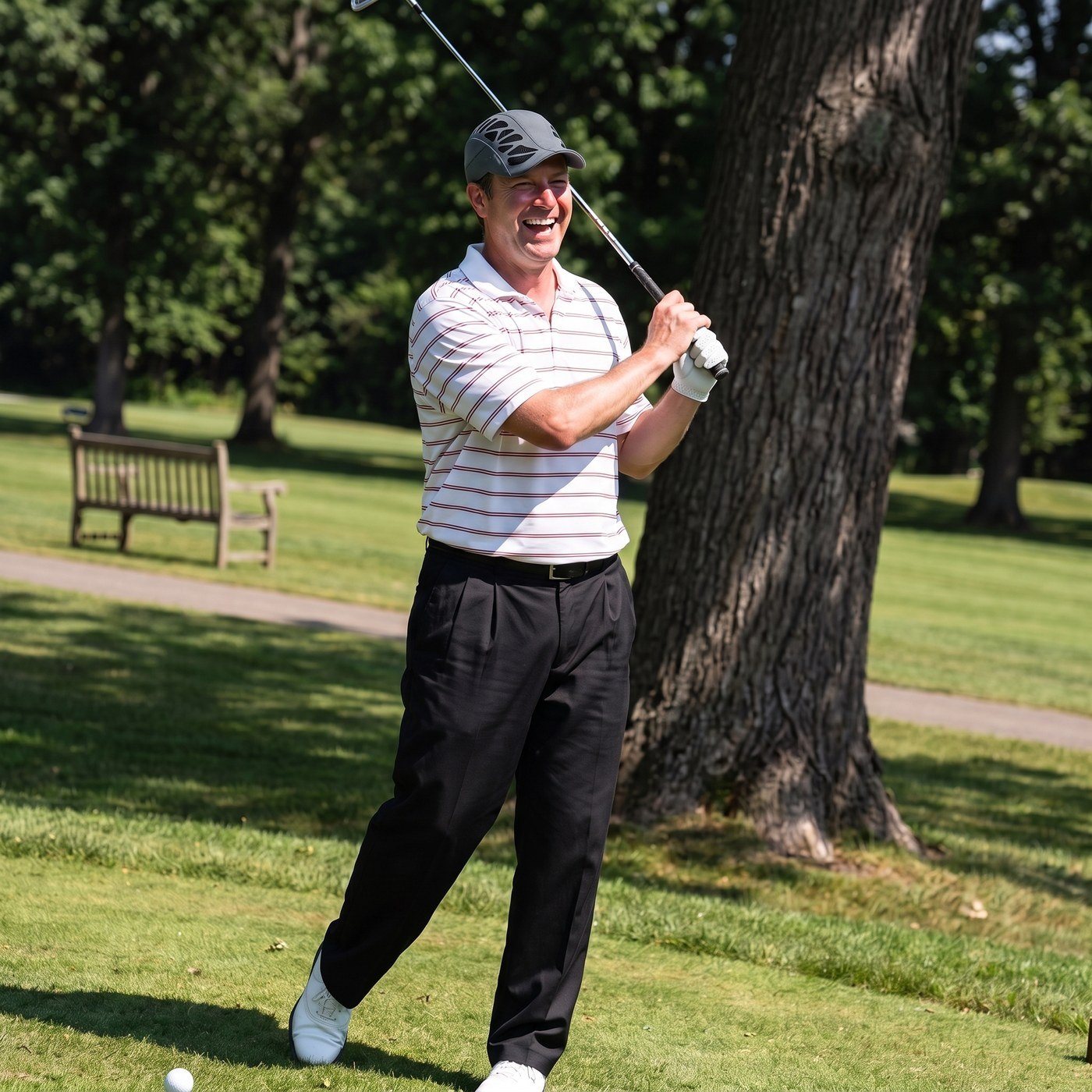 A man laughing after his swing on the course, in the Aeromesh Evo Cap